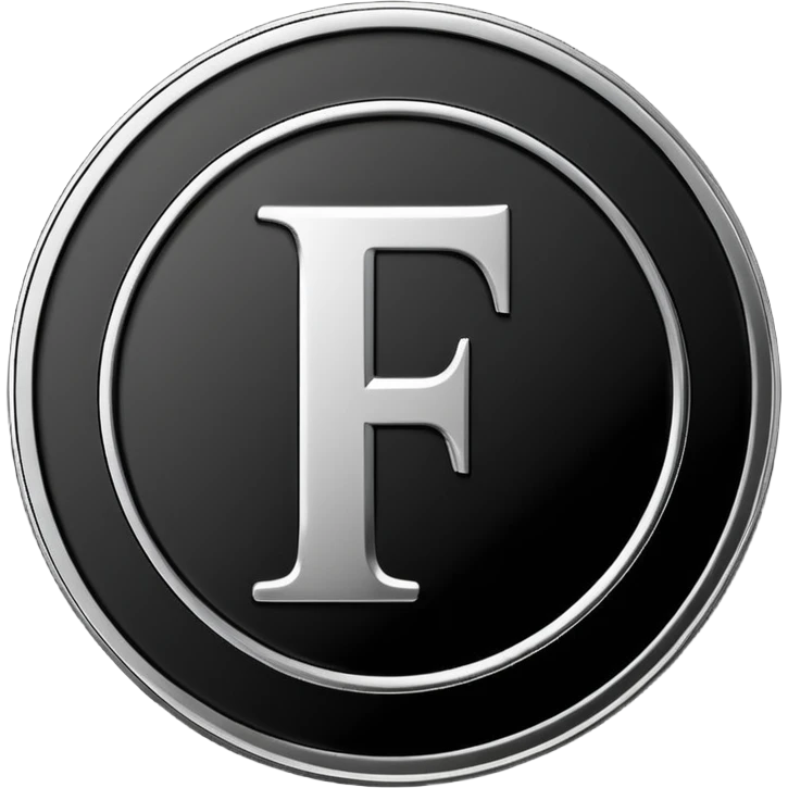 Emoji icon of a black coin with engraved letter F, minimalist style, isolated, no color emoji