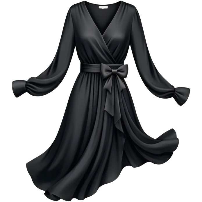 black silk v-neck wrap dress with a bow and long sleeves, isolated, floating in the air emoji