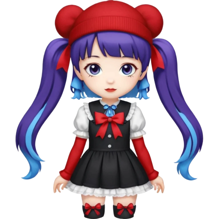 Chibi kawaii, violet eyes, black-blue twin tails, red ribbons, red beanie, black & white lolita dress with red accents, white thigh-highs, black mary janes, cute aesthetic. emoji