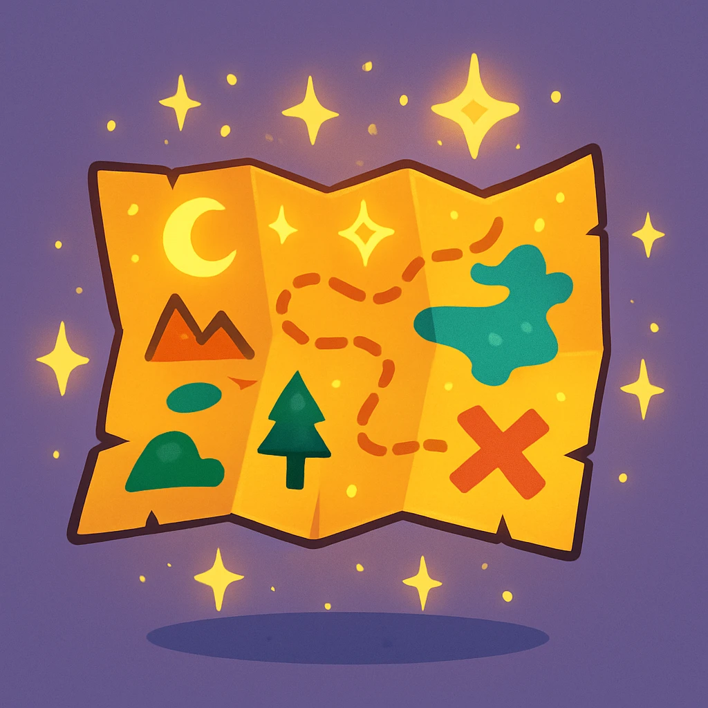 a magic map, floating and sparkling, cartoon style emoji