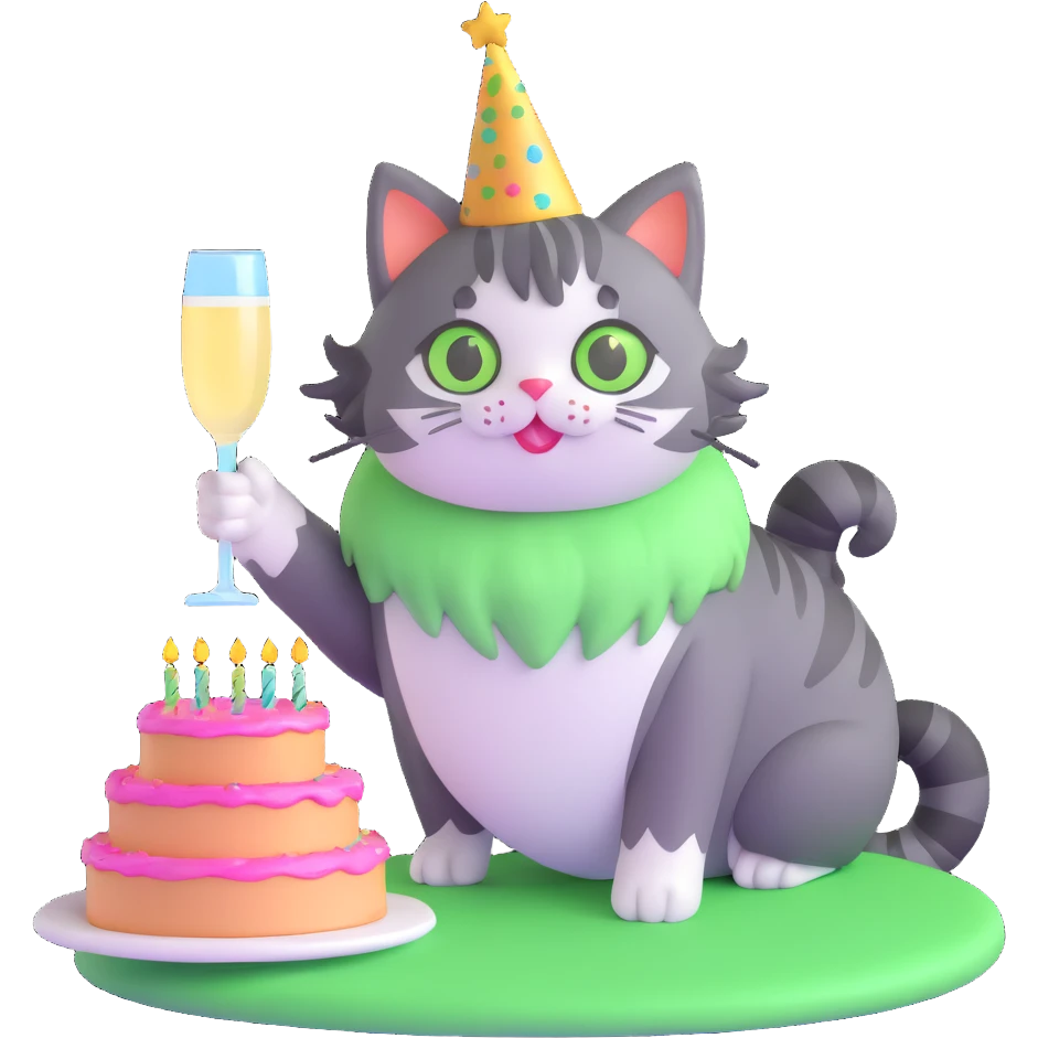 tricolor fluffy cat with big green eyes celebrating her birthday with a cake and champagne emoji