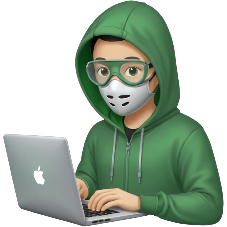 Хакер сидит в зелёной одежде в маске, печатает в ноутбуке, прозрачный фон. emoji