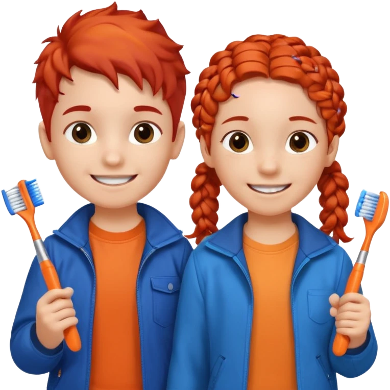Two children smiling with toothbrushes in their hands. On the left is a girl with braided red hair, wearing a blue jacket and an orange shirt. On the right is a boy with curly black hair, wearing an orange shirt. Both are holding blue toothbrushes and look happy and healthy. emoji
