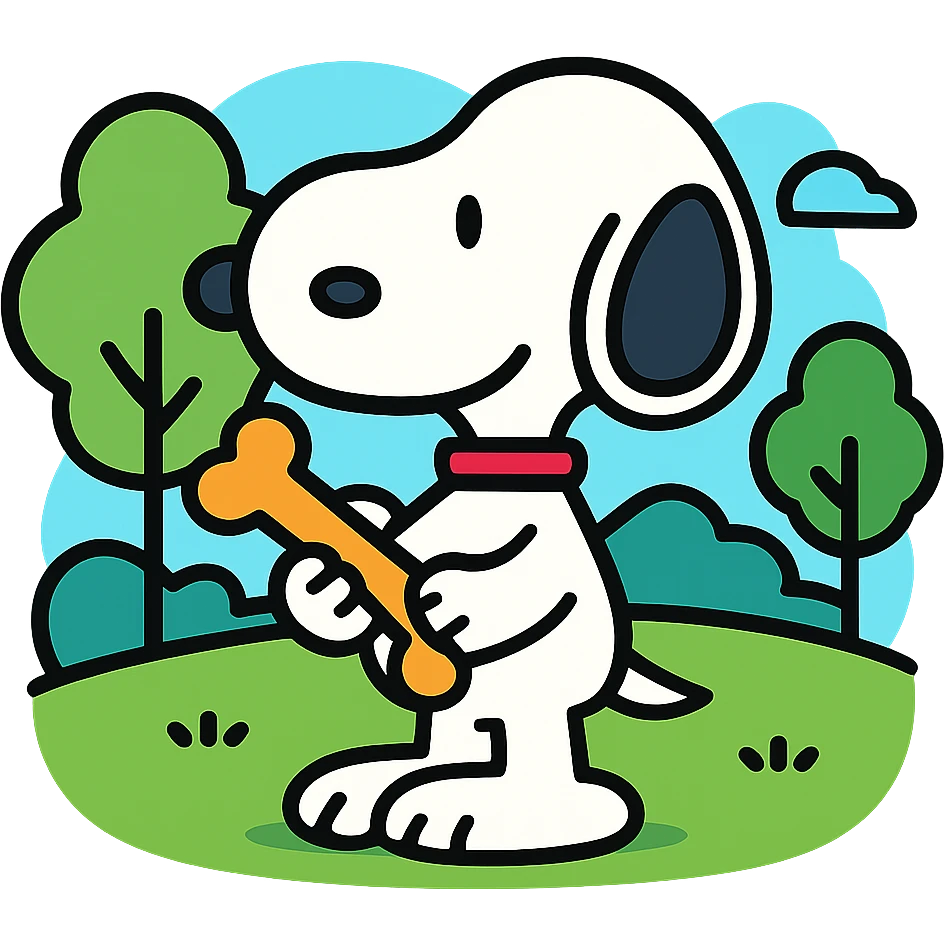 Snoopy, outlined and colorful, holding a bone, with a park background emoji
