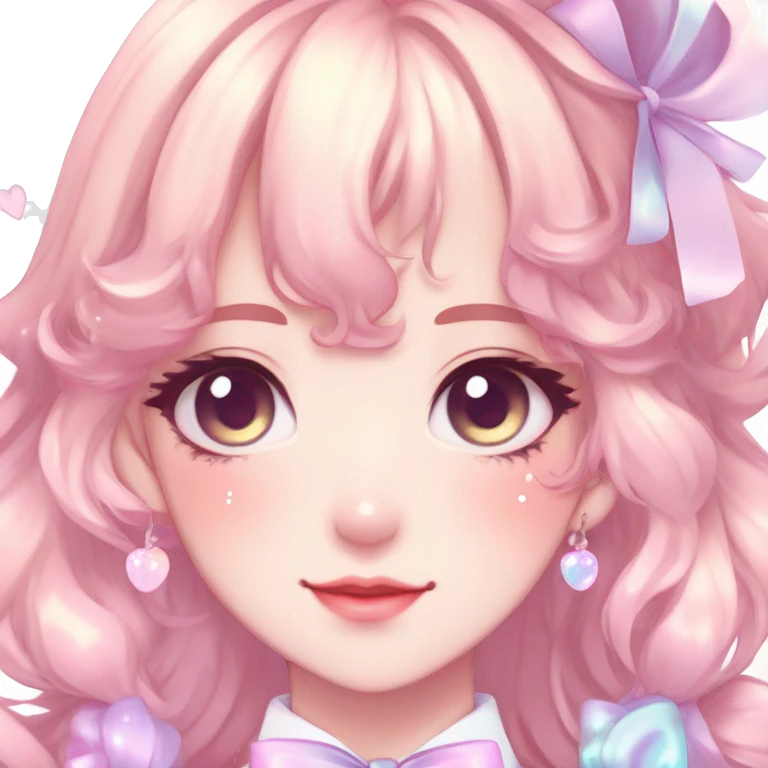 Gorgeous pastel anime style lady with blushing face with sparkly bow tie idol model cottagecore fairycore pastelcore shiny colorful pearly petite simplistic aesthetic trending style emoji