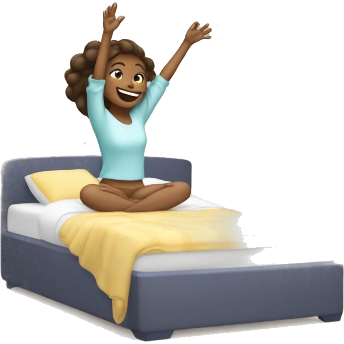 Happy girl wakes up in bed and stretches hands up in the air  emoji