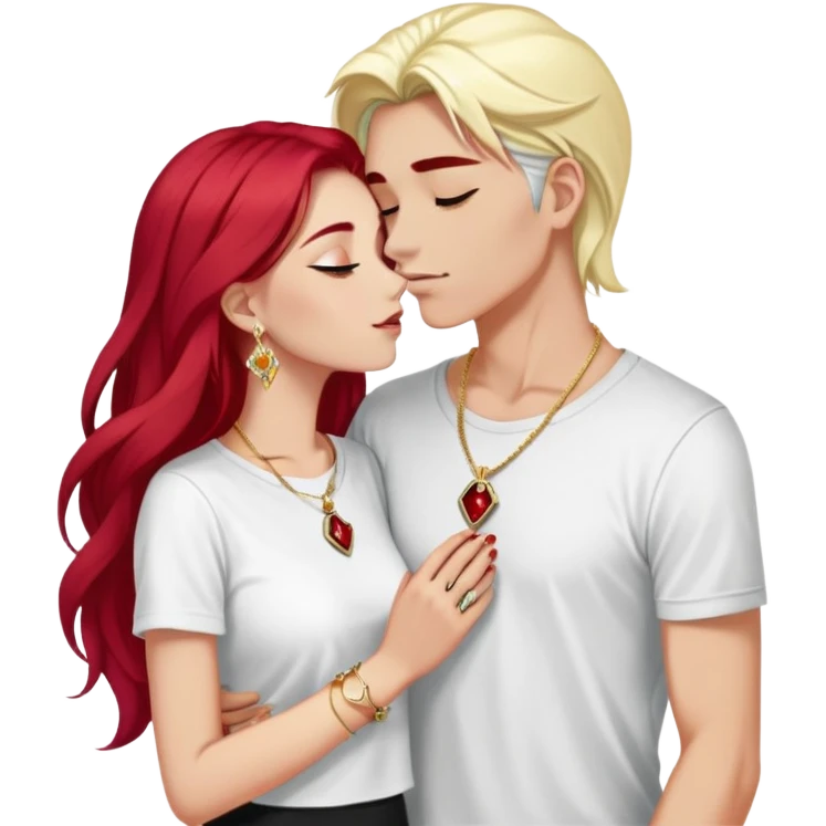 young 20 year old couple kissing, girl with long cherry red hair and dark blonde eyebrows wearing gold necklace with letter A, diamond gold ring, red bracelet and light clothes, boy with bright white hair wearing dark t-shirt and silver ring with black stone emoji