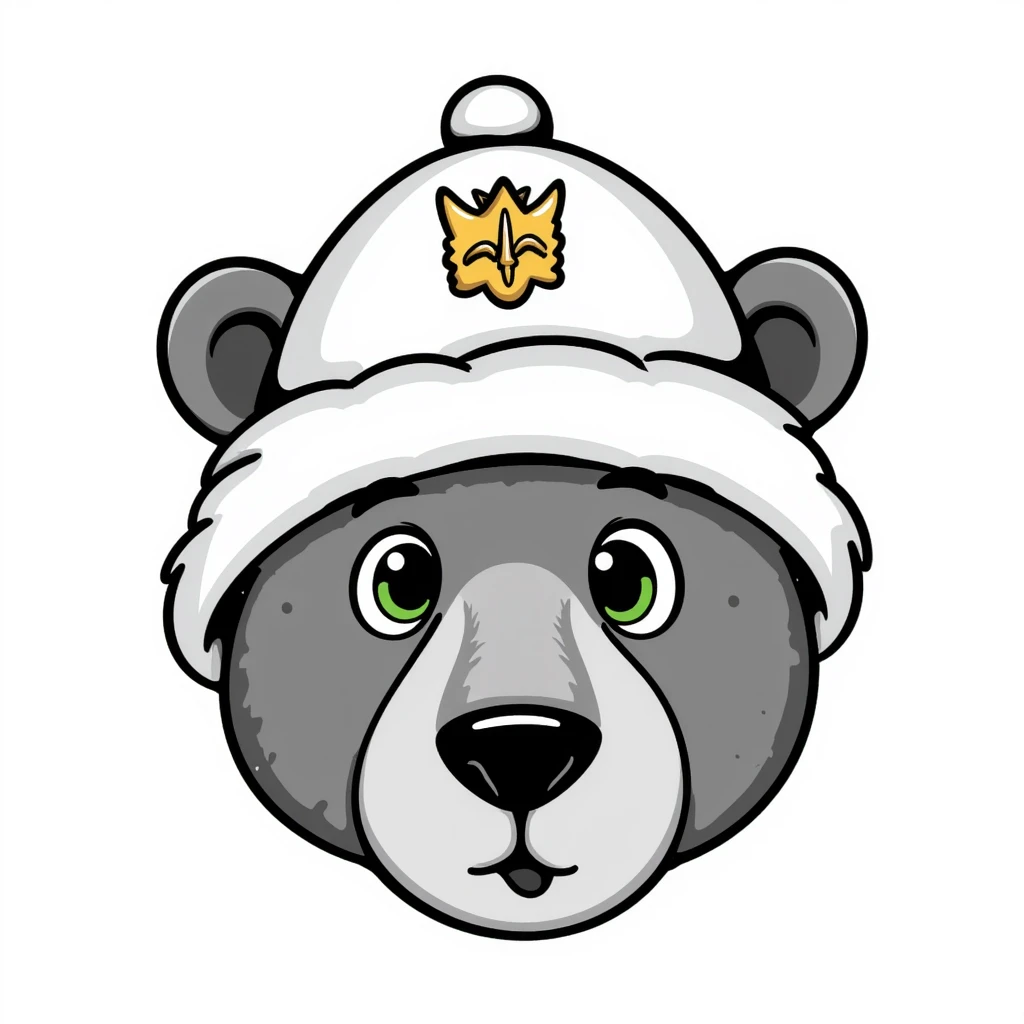 Cute grizzly bear face with green eyes, wearing a white fur hat with golden Russian coat of arms in the middle emoji