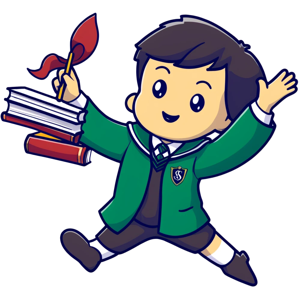 Slytherin student tripping and falling with books and wand flying emoji