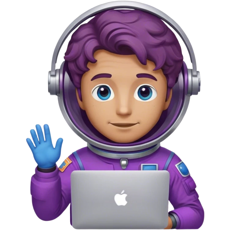 guy astronaut with purple suit, blue eyes, brownbrown wavy hair and one macbook emoji