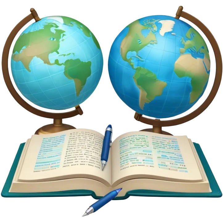 Create an emoji representing language translation. The design should feature a single globe in the background, symbolizing international communication. In front of the globe, place two opened books, with texts in it and a pen nearby to indicate the act of writing and vocabulary. Use a clean and professional color palette with blues, greens, and neutral tones. Do not include any emojis or smiley faces. Make the background transparent emoji