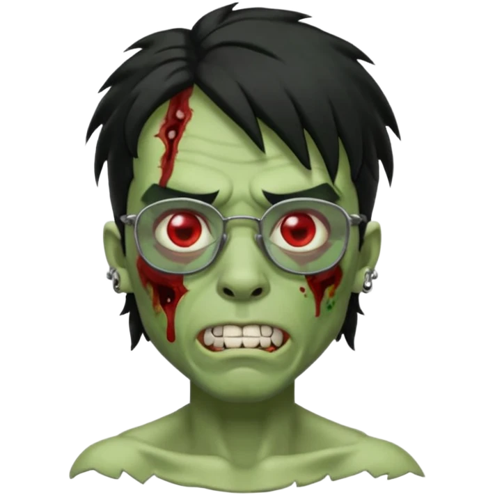 homem zumbi de óculos mullet piercing na boca piercing nas duas sobrancelhas duas orelhas giradas trágus esquerdo furado cabelo preto com muita olheira deixar pele dele verde dentes brancos e olhos vermelhos e ensanguentados emoji