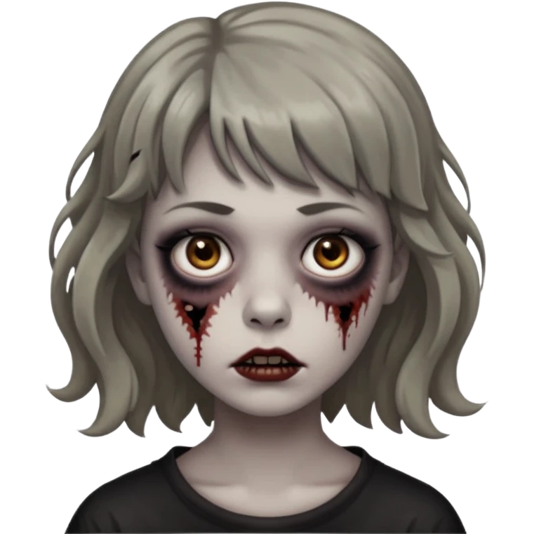 Cabelo ondulado  um pouco cheio e franja curta  Olhos marrons e pequenos e feita d ezumbi emoji