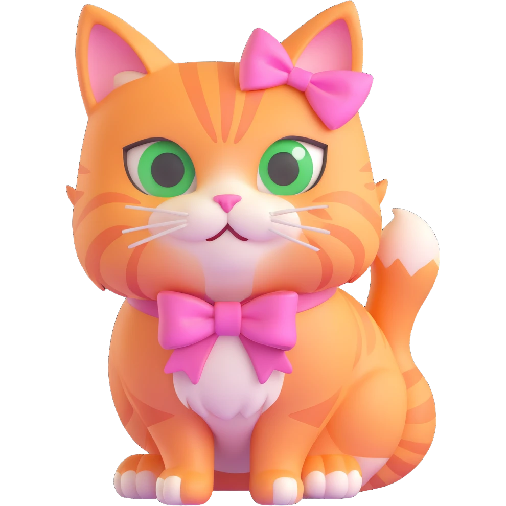 3D iOS style cat with a pink bow, green eyes, and light orange fur emoji