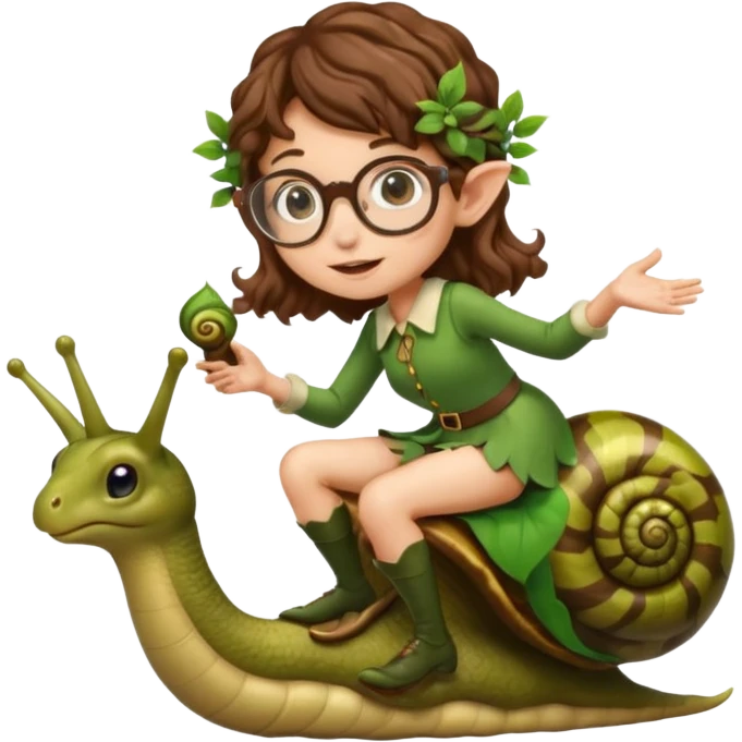 tiny forest elf woman brown wavy hair glasses riding a snail emoji