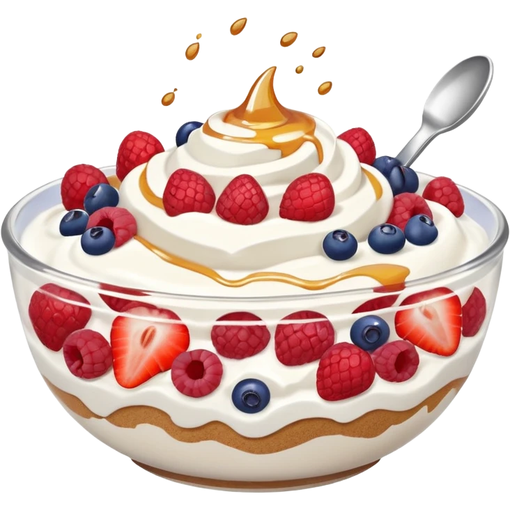 Yogurt bowl with strawberries, raspberries, Blueberries and whipped cream with a sprinkle of cinnamon and honey drizzled across the bowl emoji