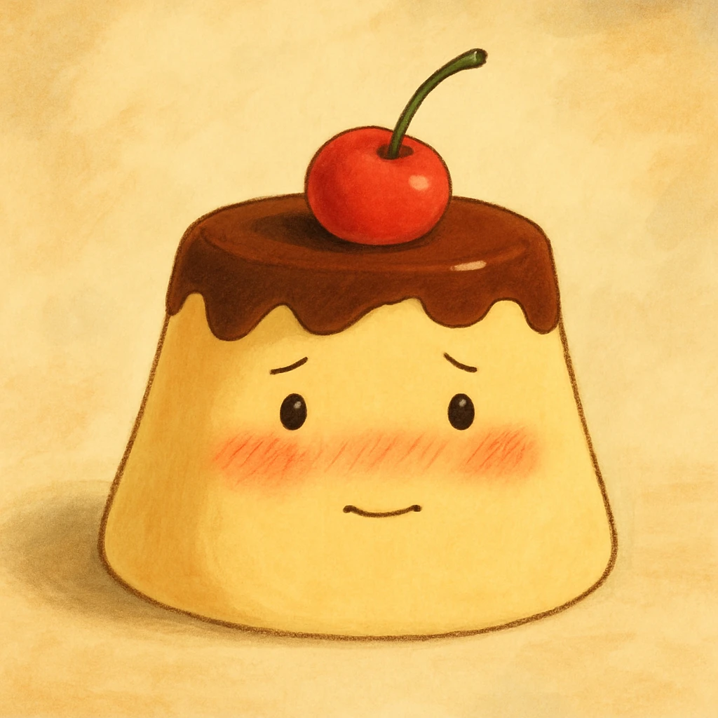 shy pudding with blushing cheeks, cherry on top, creamy soft background, ghibli style emoji