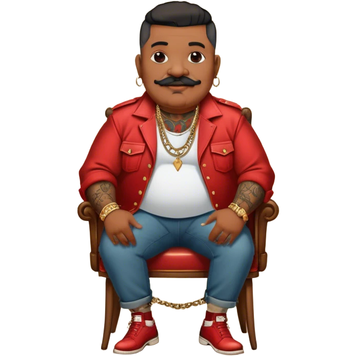 Icon for Chanson: Old fat chanson singer with tattoos and short moustache, red jacket, gold chains and braslettes, sitting on a chair with an acoustic guitar and standing microphone. The atmosphere should reflect a nostalgic, soulful vibe with vintage elements. Transparent background. emoji