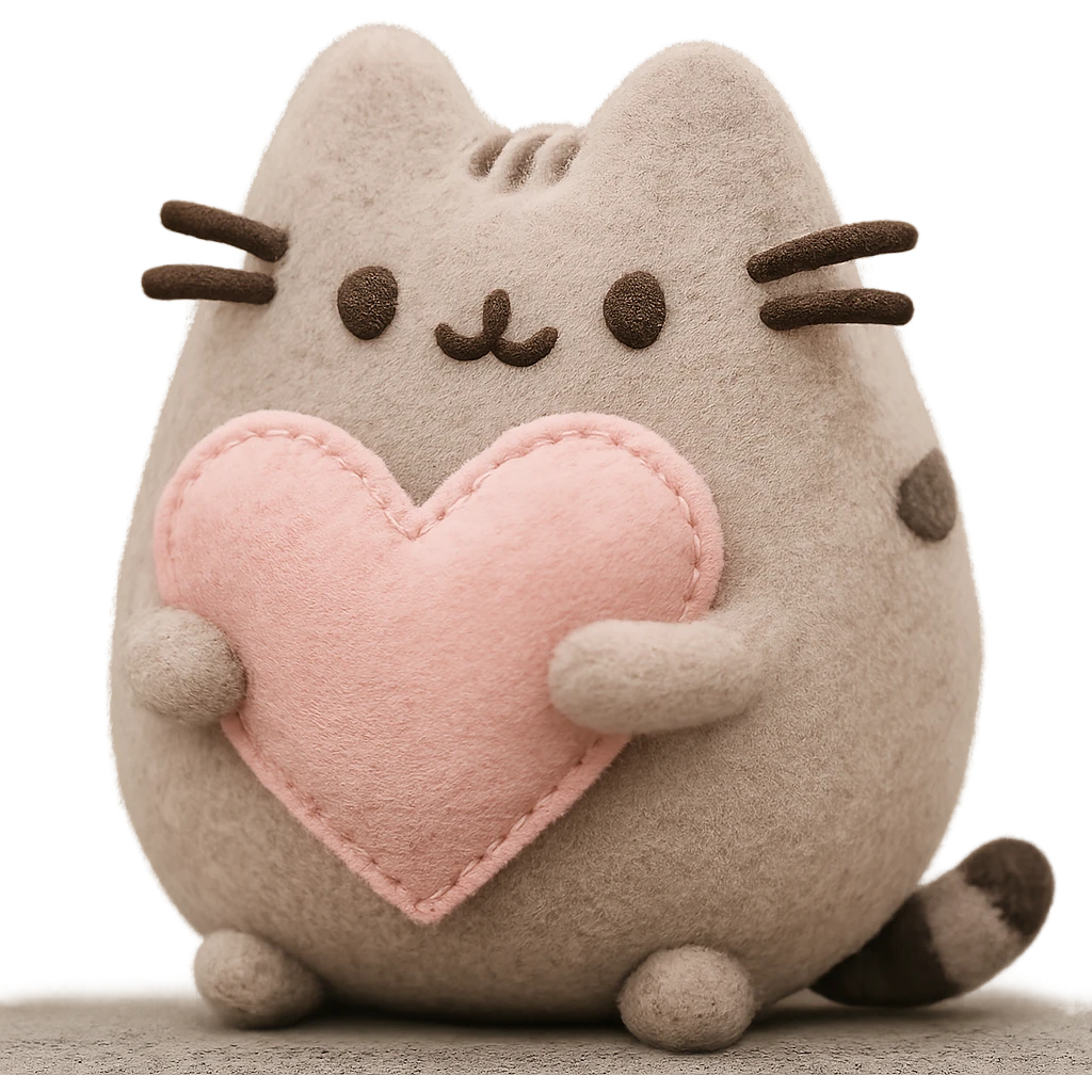 Pusheen hugging a big heart, pastel colors, adorable, plush portrait style emoji