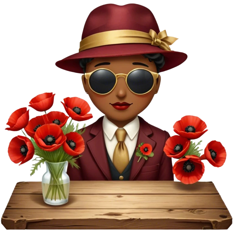 A lush bouquet of deep red poppies tied with a faded gold ribbon, resting on an antique wooden table. Warm brown leaves and golden sunlight add a vintage charm. emoji