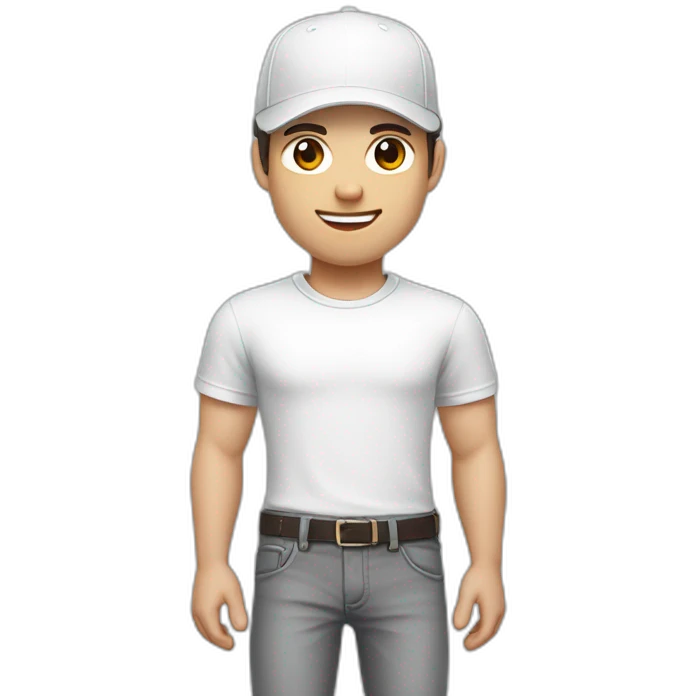 Pale skinned fit Man with dark brown hair in a white cap, gray jeans and gray polo T-shirt keeping a pasted with tape white box into his hands emoji