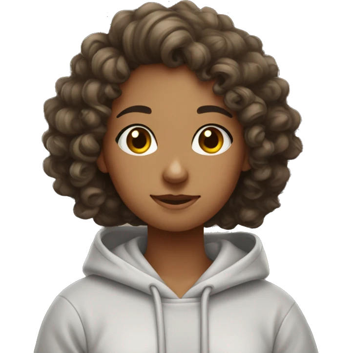 Curly hair girl studying with hoodie that says “Elena” on it emoji