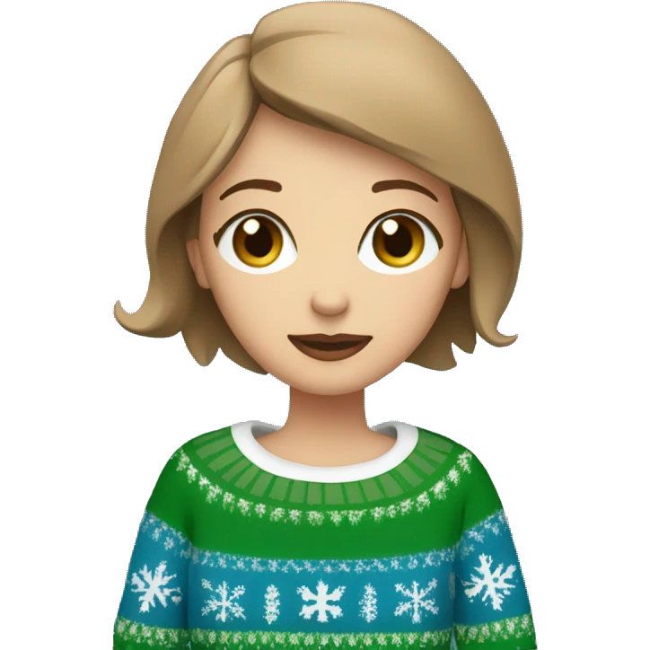 Light brown short haired girl with green eyes drinking coffee wearing blue Christmas sweater emoji