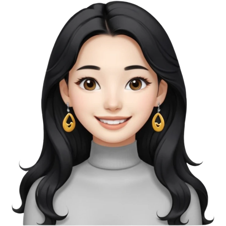 Korean 24-year-old female online shopping mall seller / white face / earrings / smiling expression / long wavy hair / influencer vibe / fashionable / black hair / silver earrings / skinny white turtleneck emoji