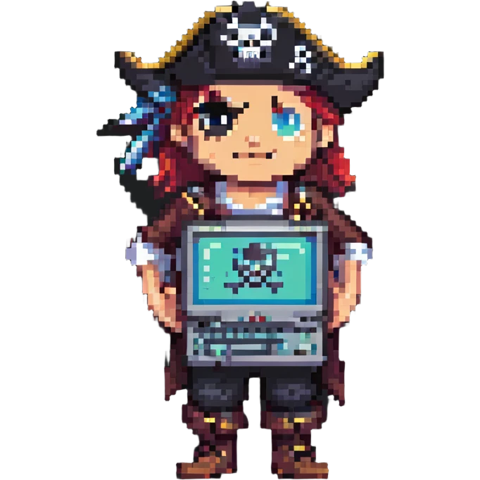 a pirate with a computer, pixel art style emoji