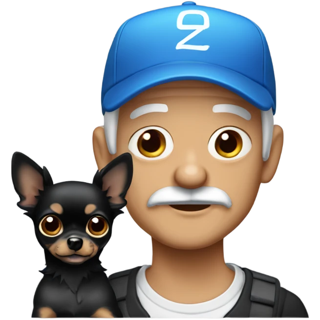 Old man blue eyes with goatee in ball cap holding black long haired chihuahua  emoji