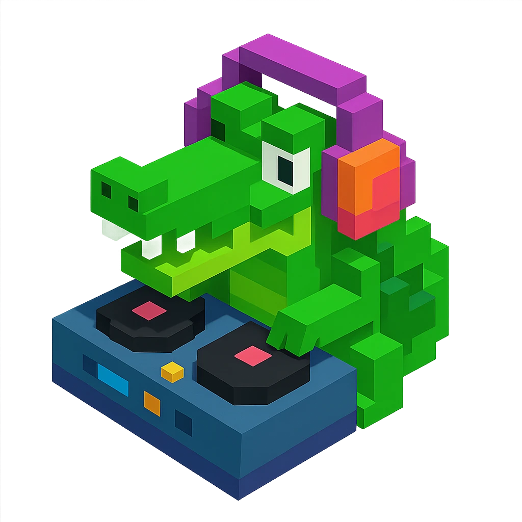 voxel style crocodile DJ with headphones and turntable, isometric view emoji