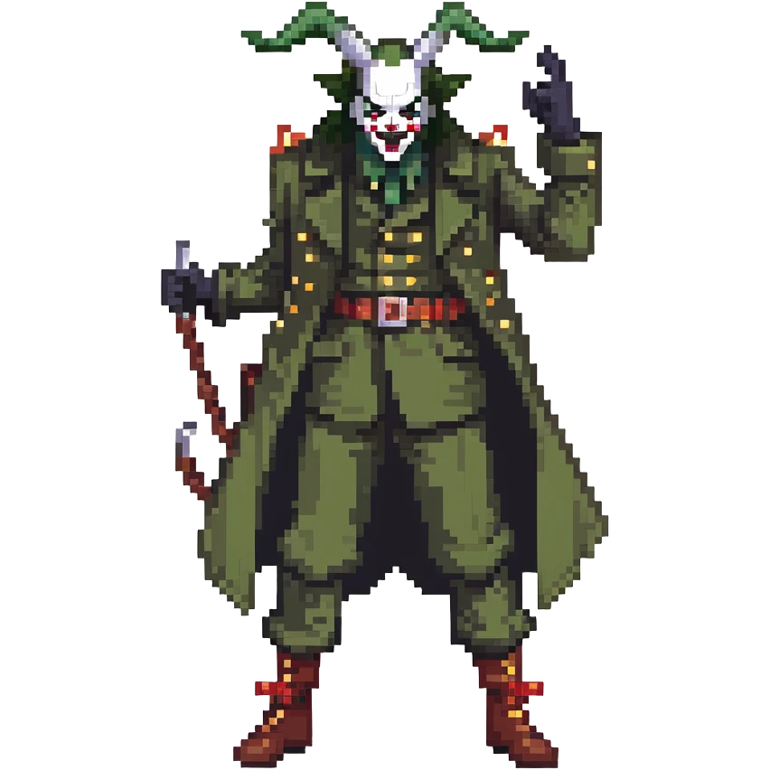 evil clown soldier, bald, black horns on forehead, fangs, pointed ears, eye patch over one eye, long coat over black and military green clothes with bellbottom pants, tail, holding a different style of whip, realistically proportioned, less bulky, full body, fighting stance emoji