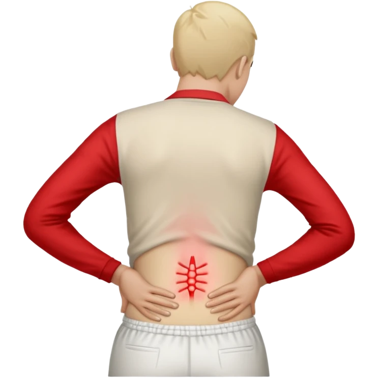 A person standing and holding their lower back in pain, with a red highlight showing the sore area. The person’s face expresses discomfort, and the background is plain white. Realistic lighting, medical concept illustration showing lower back soreness or muscle strain. emoji