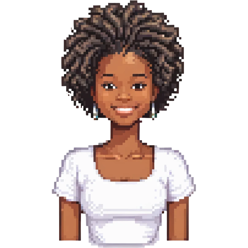black woman with natural hair, smiling, pixel art style emoji