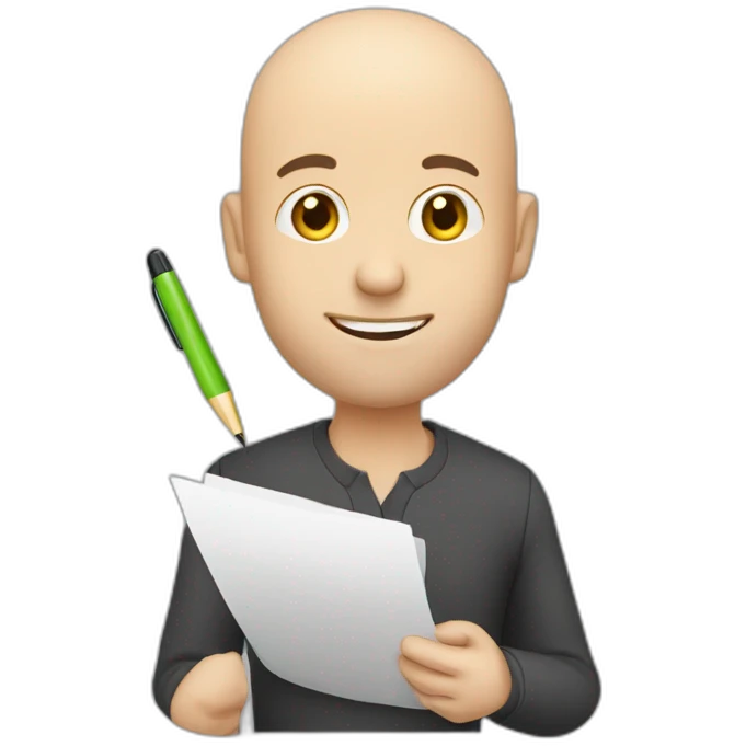 middleage bald male white with very small beard holding checklist with a pen emoji