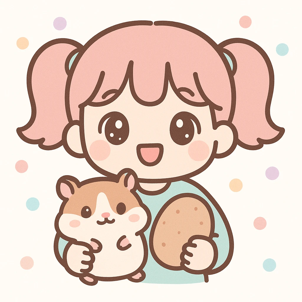 A girl with two ponytails holding a hamster and a potato, kawaii style, big eyes, cute details emoji