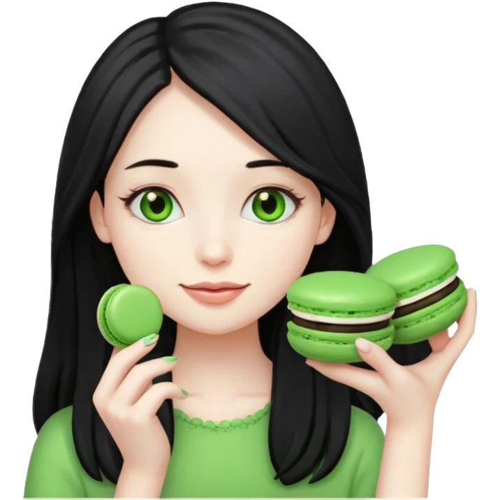 pale girl with long black hair holding a green macaron, emoji style emoji