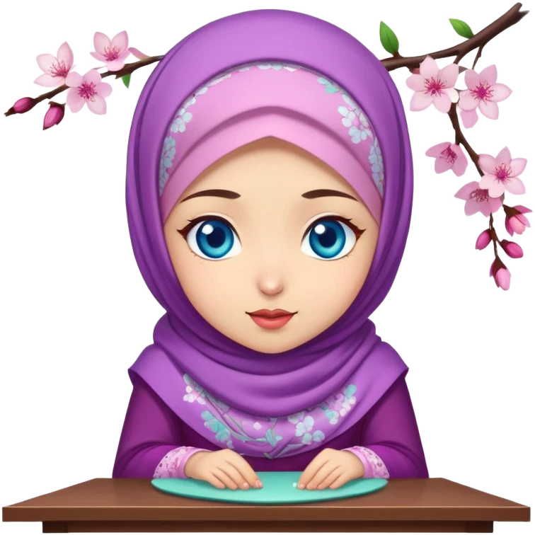 Turkish beautiful finish Konya girl blue eyes with cherry blossom floral purple and mint hijab islamic dress and with yummy Drooling face on the table emoji