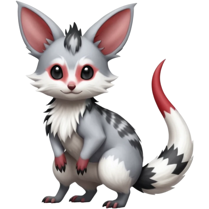 Cute realistic Minccino-Lykoi-Emolga-Pachirisu-Zangoose-fusion-hybrid-animal-Fakémon-creature, full body, thin long sleek scaly tail, intricate markings emoji