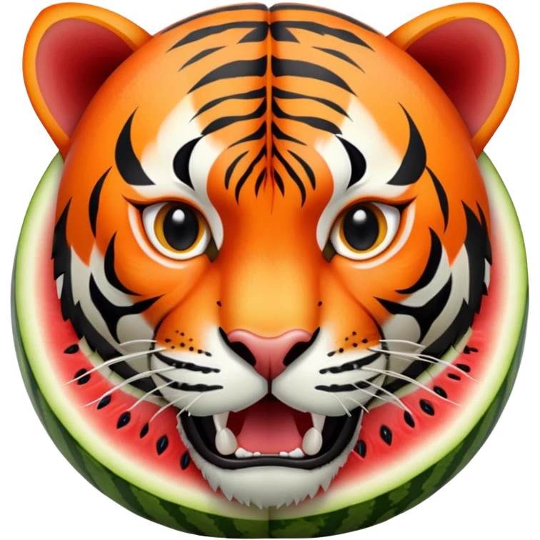 Half sliced watermelon with an orange and black striped tiger head growling emoji