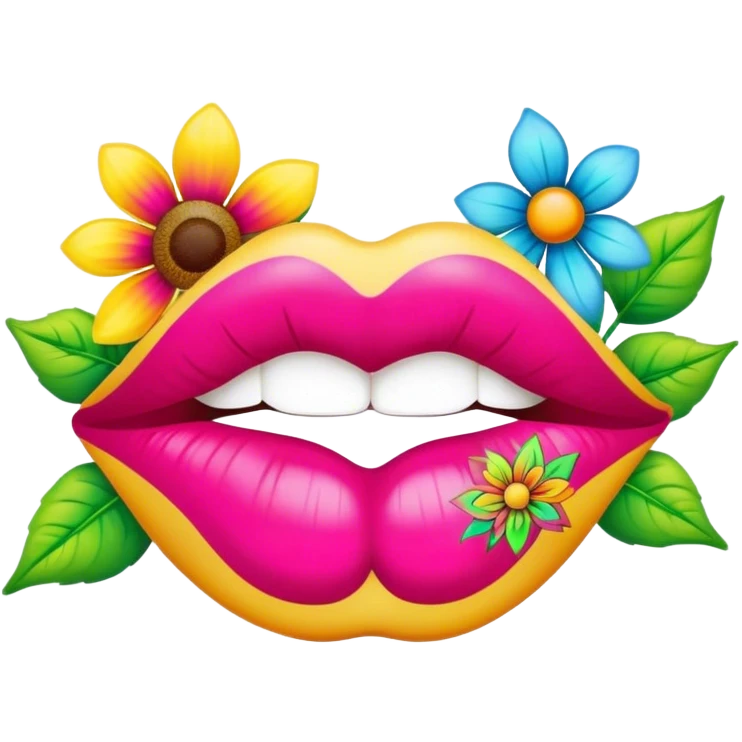 psychedelic colored lips with hippie style flowers emoji