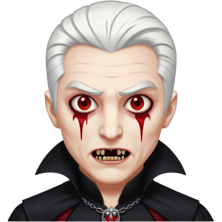 Creat a young man Vampire with white skin and white hair "make him have slide back hair" and full black vampire clothes and bloody eyes and long fangs and scary dead eyes emoji