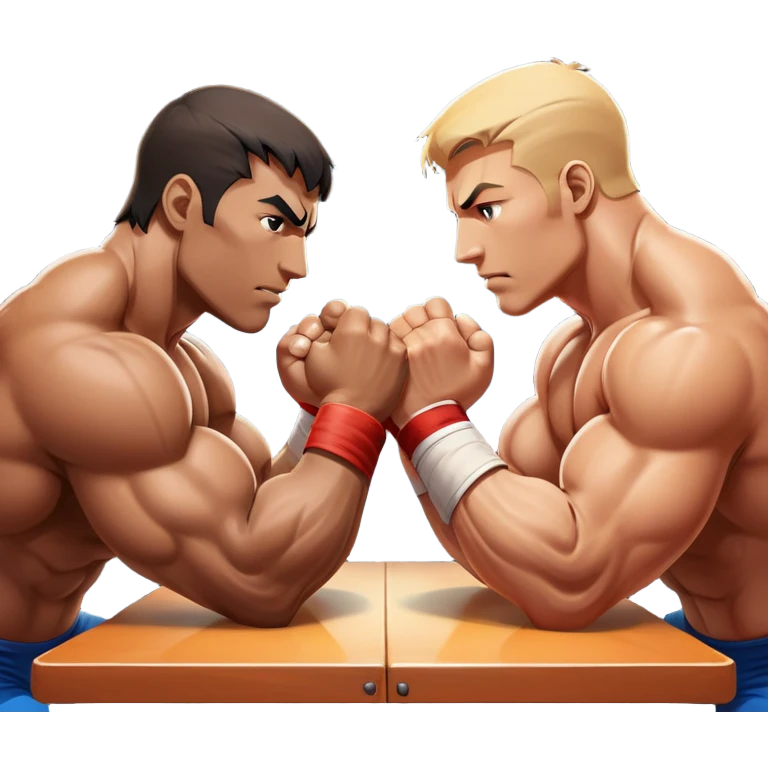 Two athletes engaged in an intense arm wrestling match, their muscles straining as they battle for dominance. The scene captures the powerful clash of strength, with close-ups on the hands locked in a firm grip, sweat glistening under bright lights. The background features a wrestling table. emoji