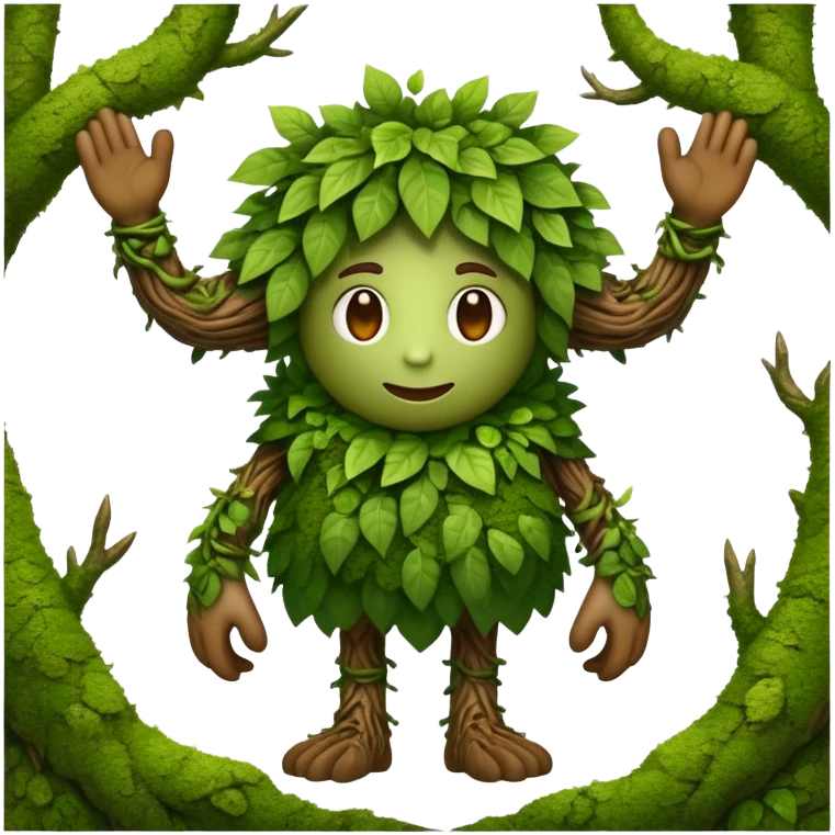 Fabulous forest creature as an emoji: body covered with green leaves and moss; branches instead of hair; arms with woody textures; powerful legs. No background emoji