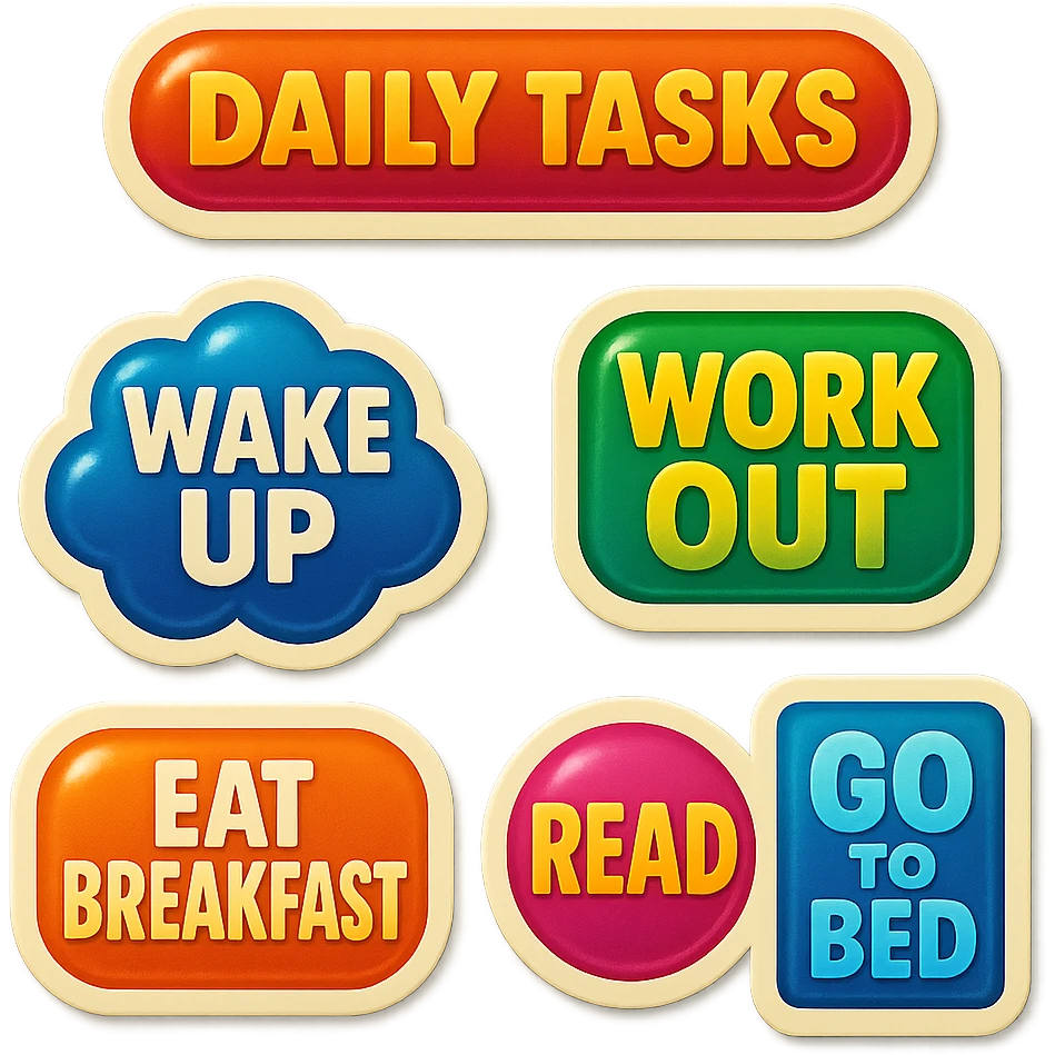 A daily tasks list in retro stickers style, with a vintage design and bright colors emoji