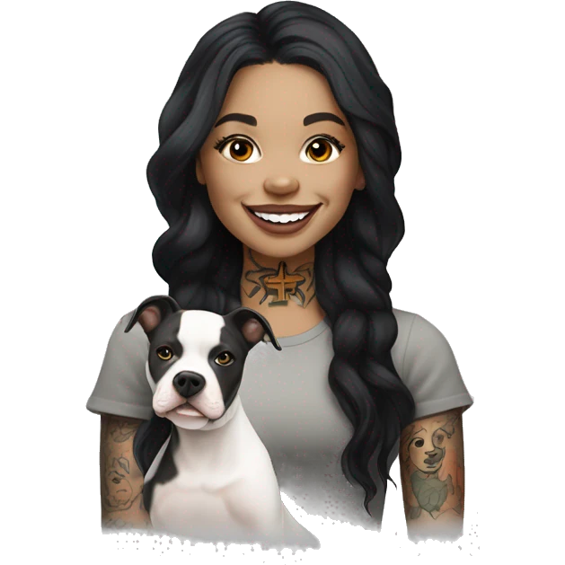 light skin woman with a face tattoo of a cross and long wavy black hair expressing joy alongide a white miniature pitbull  emoji