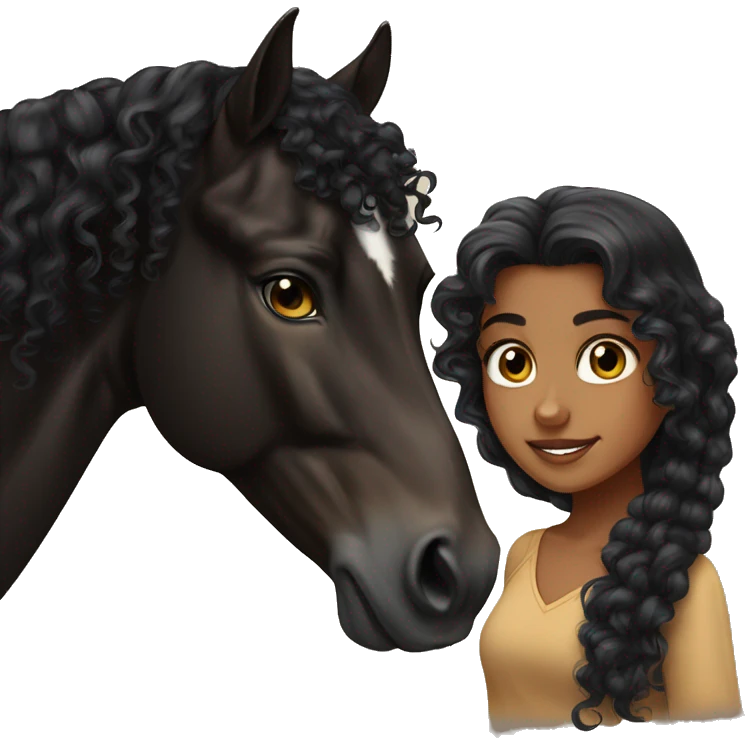 Tan girl, long black curly hair, beautiful hazel eyes, next to a black Arabian horse emoji