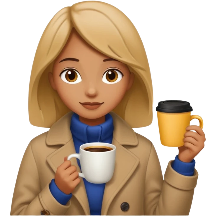 فتاة حنطية اللون ترتدي معطف وبيدها كوب قهوة ومسترخية emoji