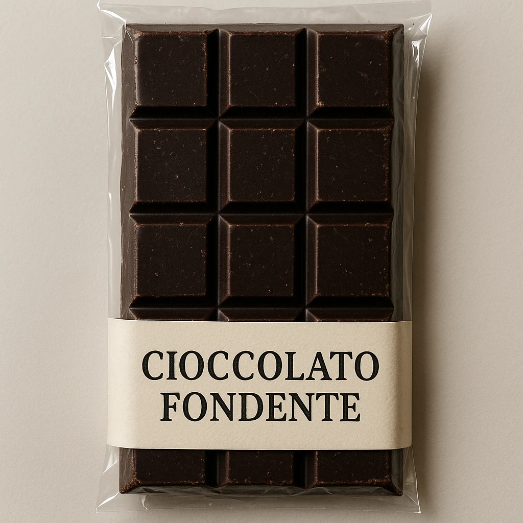 photo realistic dark chocolate in a transparent package with the label 'cioccolato fondente' in Italian emoji