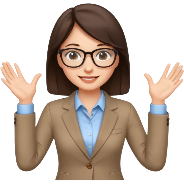 a cute brunette girl in a business casual attire  wearing glasses  with two hands  emoji